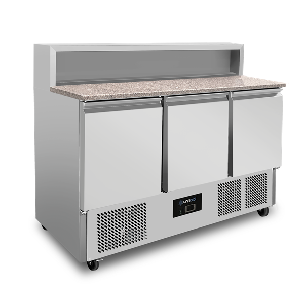 Pizza prep counter, 3 Doors (GN 1/1), With 8 x GN 1/6 Topping Unit | +2°C to +8°C