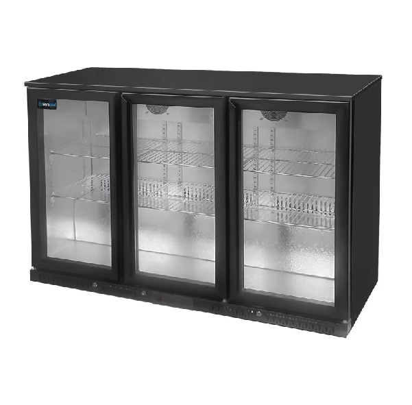 Black Back Bar Cooler 300 Litre with Three Glass Doors – 1350x525x900 mm