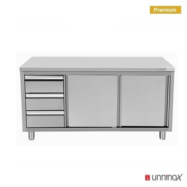 Work cabinets without upstand and 3 drawers left