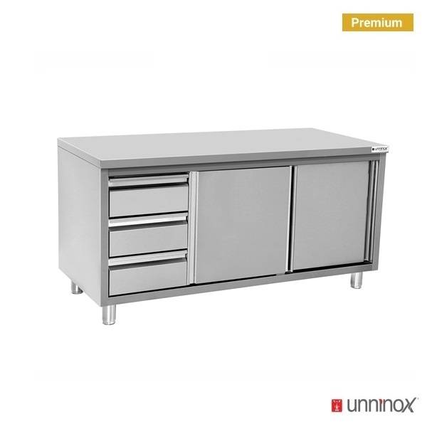 Work cabinets without upstand and 3 drawers left