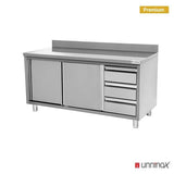 Work cabinet with upstand + 3 drawers on the right
