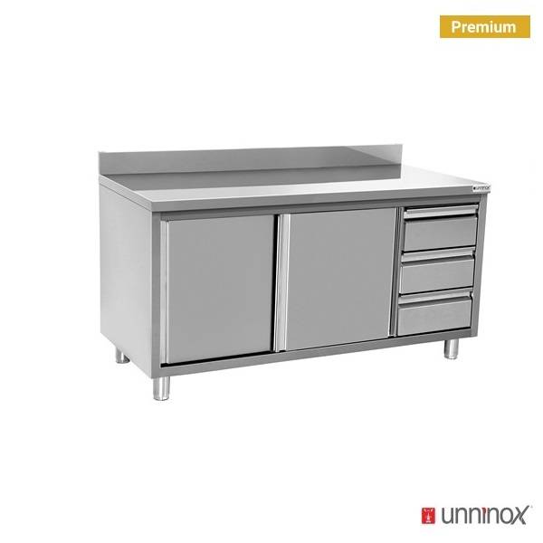 Work cabinet with upstand + 3 drawers on the right